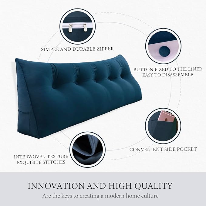 14 lbs Thickened King Wedge Pillow Headboard Body Positioner Bed Wedge Pillow Backrest Support Triangular Headboard Cushion with Side Pocket Velvet Positioning Support Blue