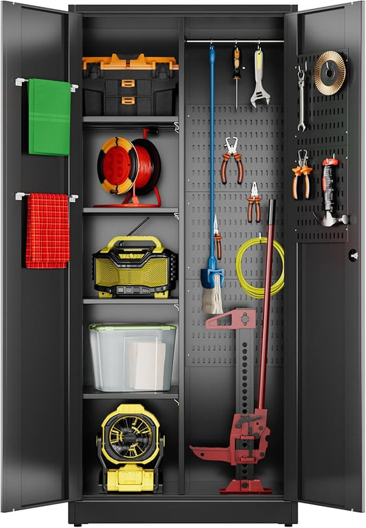 SUXXAN Broom Closet Storage Cabinet 71.4"x 31.5"x15.7", Metal Cleaning Cabinets with Hooks and Hanging Rods, Lockable Cabinet with Pegboard, Adjustable Shelf,for Garage, Laundry Room