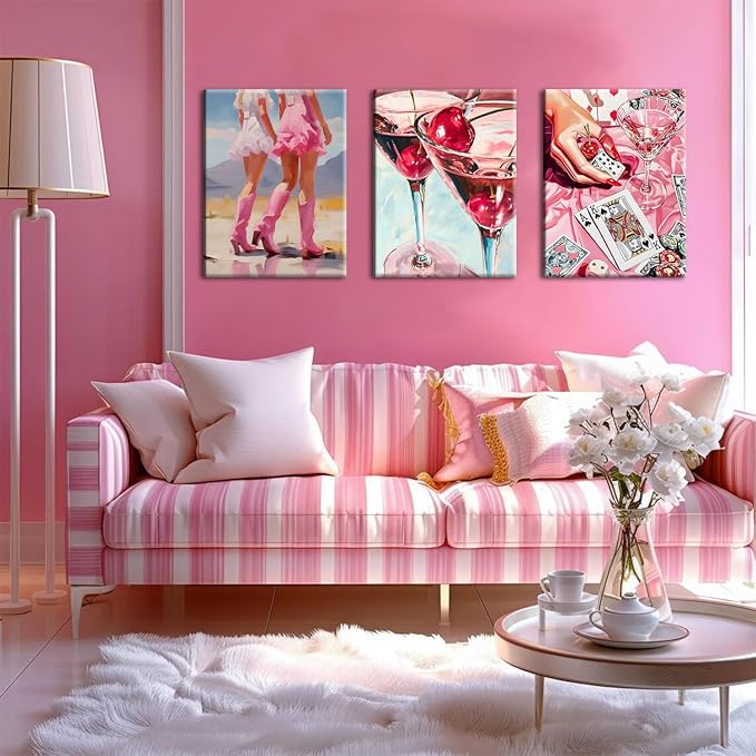 Framed Pink Preppy Wall Art Set of 3, Cowgirl Boots Cherry Cocktail Pictures Wall Decor, Trendy Poker Paintings Canvas Prints Girly Aesthetic Home Decor for Living Room Bedroom Dorm Bar 16x24 inch