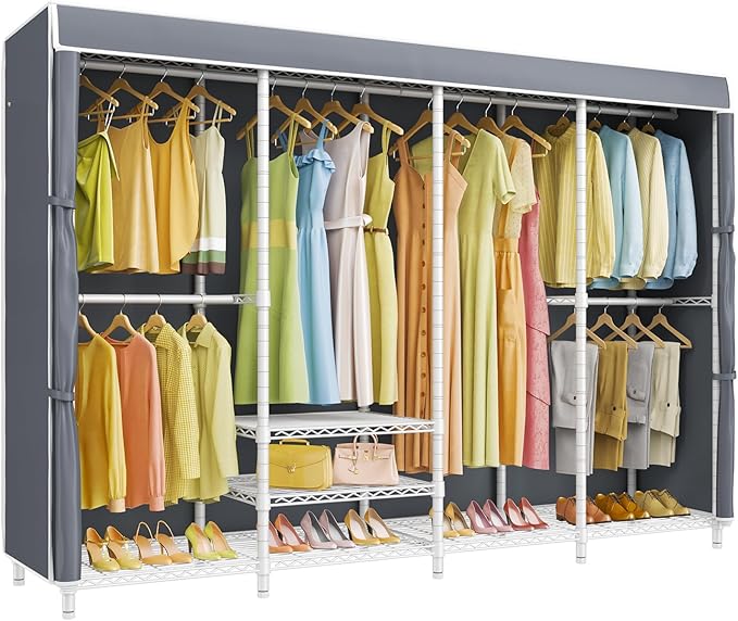 VIPEK V40C Plus Heavy Duty Clothes Rack with Upgraded Polyester Cover, Extra Large Covered Clothing Rack for Hanging Clothes Portable Wardrobe Closet White Closet Rack with Grey Cover, Max Load 1300lb