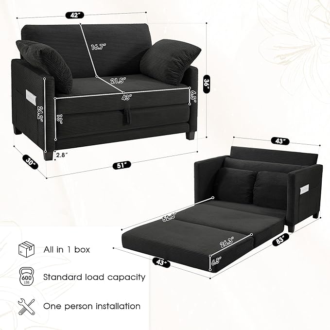 51" Convertible Loveseat Sofa Bed, 2-in-1 Folding Sofa Bed with 2 Pillow for Small Spaces, Modern Loveseat Sleeper Couch for Apartment, Living Room & Guest Room (Black Corduroy, 51 inch)