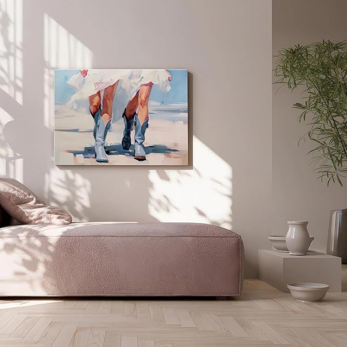 Cowgirl Boots Wall Decor, Girly Western Paintings for Apartment, Trendy Western Cowboy Boot Painting Girls Aesthetic Canvas Prints Cowboy Boot Wall Art Prints for Teen Girls Bedroom Framed 16x24 in
