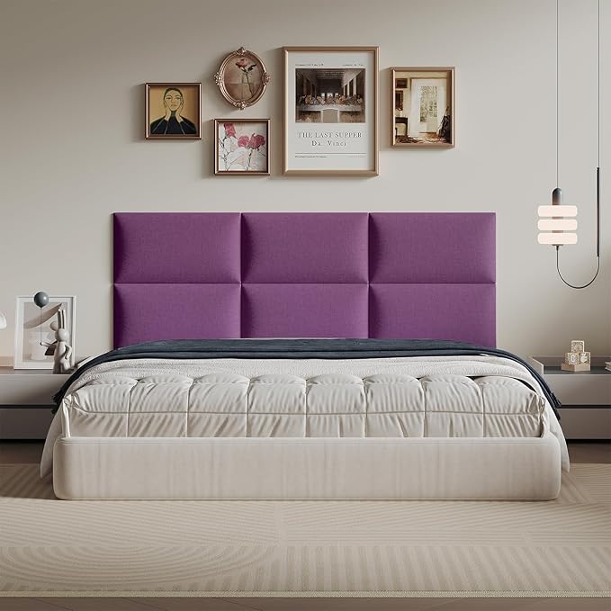 12-Piece Purple Linen Upholstered Headboard King Size Set, Wall Mounted Panels & Headboard, Dramatic Fabric Feature Wall for Bedroom