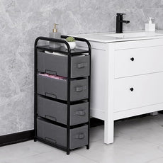 MAX Houser 4 Drawer Narrow Dresser Fabric Storage Tower Vertical Slim Storage Chest Organizer Nightstand Side/End Table Small Standing Organizer Removable Drawers Wood Top for Bedroom, Bathroom（Grey