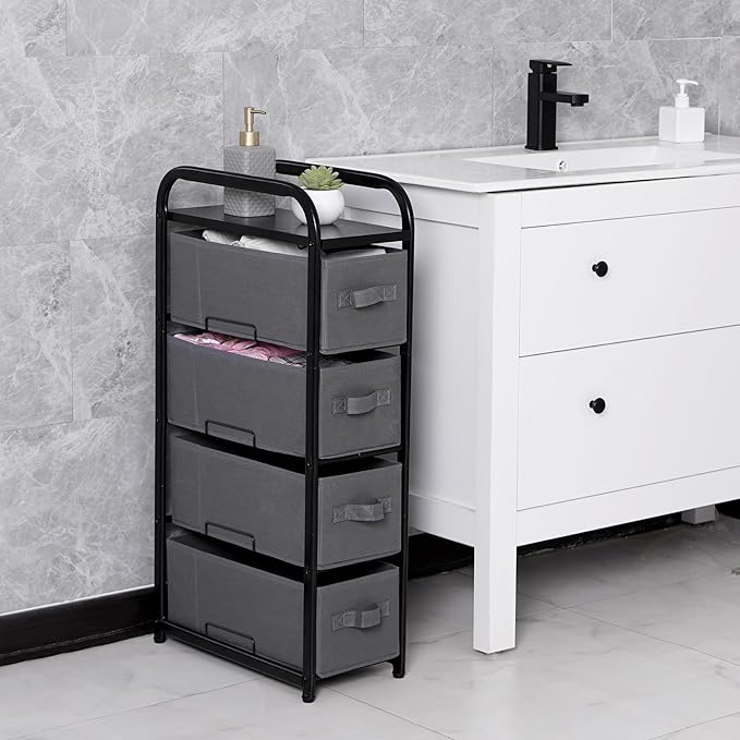 MAX Houser 4 Drawer Narrow Dresser Fabric Storage Tower Vertical Slim Storage Chest Organizer Nightstand Side/End Table Small Standing Organizer Removable Drawers Wood Top for Bedroom, Bathroom（Grey