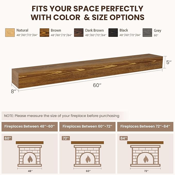 Fireplace Mantel 60inch, Solid Wood Mantel Shelf Handcrafted Rustic, Handcrafted Wood Fireplace Mantels Floating Mantle Shelves Decor for Wall, Bedroom, TV, Books, Livingroom 60 X 8 X 5 - Brown