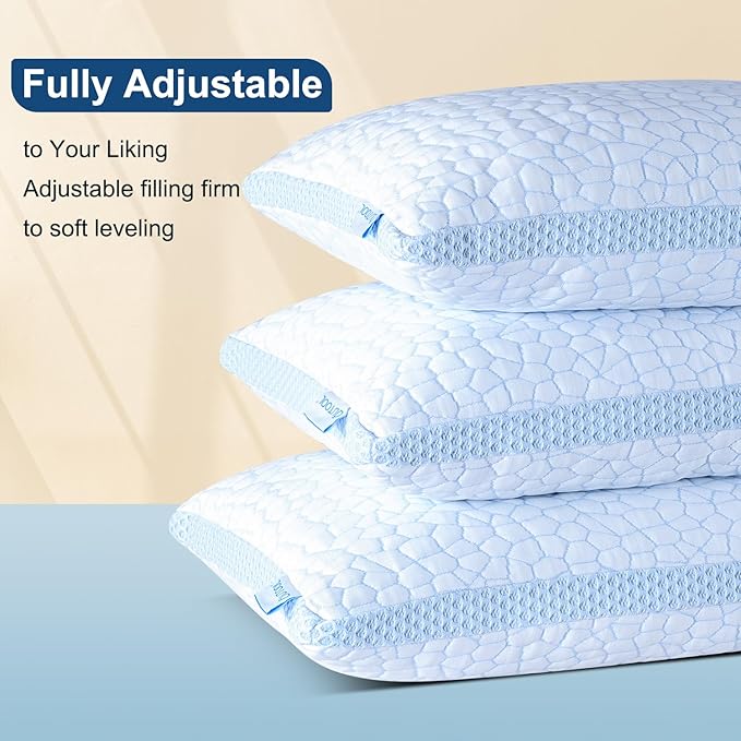 QUTOOL Enhanced Cooling Pillows Queen Size Set of 2,CertiPUR-US Shredded Memory Foam Pillows 2 Pack for Hot Sleeper, Adjustable Bed Pillow for Side, Back, Stomach Sleepers Support Yet Soft, Home Gifts