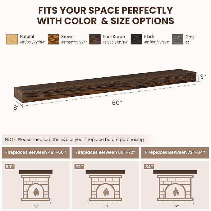 Fireplace Mantel 60inch, Solid Wood Mantel Shelf Handcrafted Rustic, Handcrafted Wood Fireplace Mantels Floating Mantle Shelves Decor for Wall, Bedroom, TV, Books, Livingroom 60 X 8 X 3 - Dark Brown