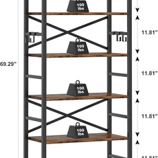 Homeiju 6 Tier Bookshelf, Industrial Bookcase with 8 Hooks, Vintage Storage Rack with Open Shelves, Rustic Standing Bookshelves Metal Frame Display Rack for Living Room, Bedroom, Rustic Brown