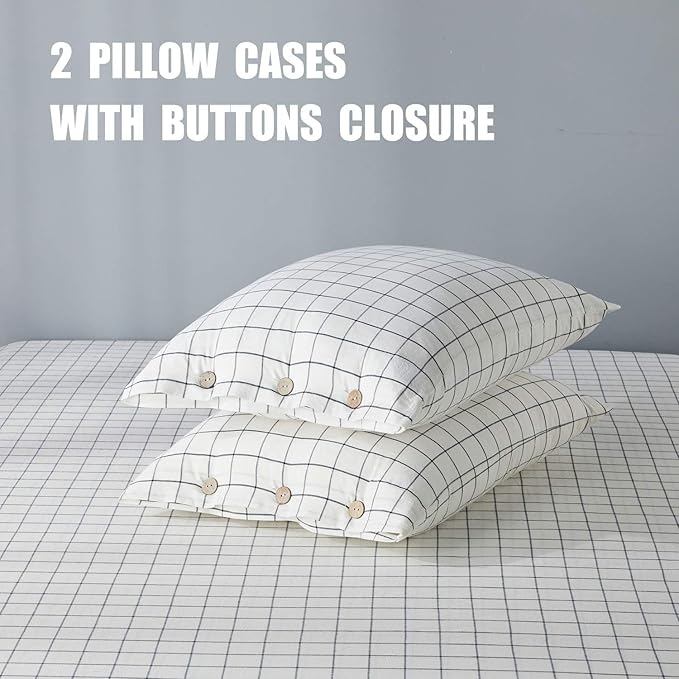 JELLYMONI Cotton Duvet Cover King Size - White Grid Plaid Comforter Cover with Button 100% Washed Cotton 3PCS Breathable Soft Bedding Set Duvet Cover 104×90in & 2 Pillowcases (NO Comforter)