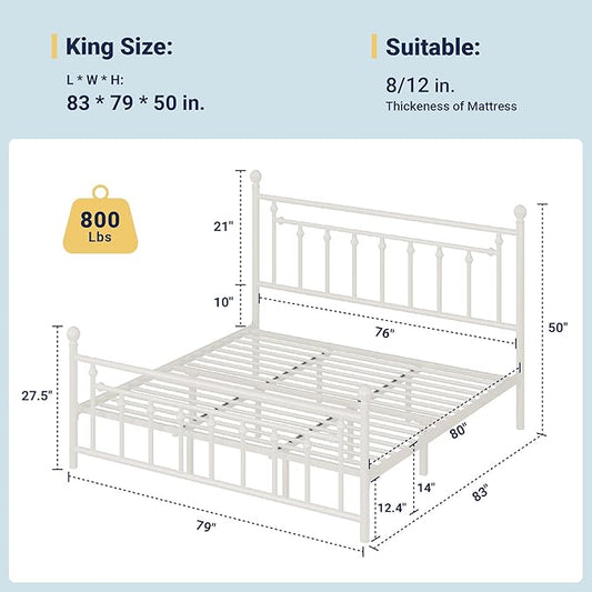 Allewie 14 Inch King Size Metal Platform Bed Frame with Victorian Vintage Headboard and Footboard/Mattress Foundation/Under Bed Storage/No Box Spring Needed/Easy Assembly/Noise Free/White