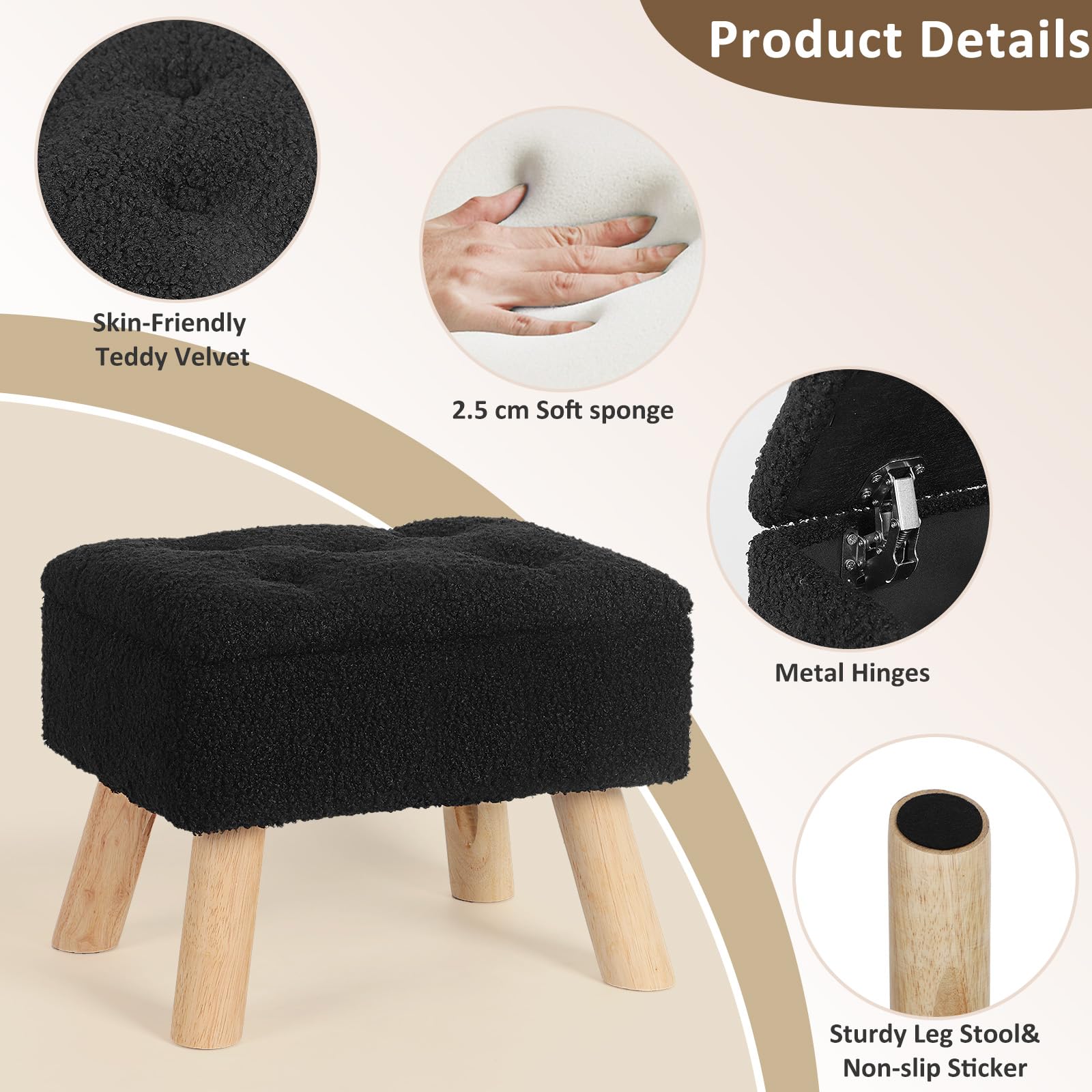 OGEMXU Storage Ottoman, Small Foot Stool Ottoman with Storage, Boucle Teddy Velvet Foot Rest with Padded Seat, Sturdy Wood Legs Stool for Living Room, Bedroom, Couch, Enterway (Cream) Dormly