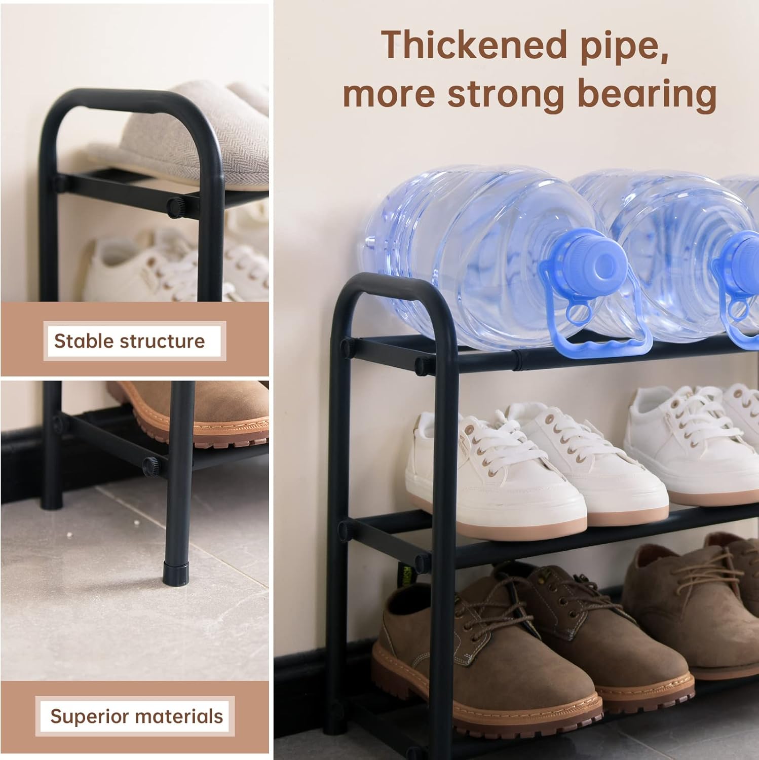 Gonfoam 3-Tier Expandable Shoe Rack,Adjustable Shoe Shelf Storage Organizer Heavy Duty Metal Free Standing Shoe Rack for Entryway Closet Doorway (Black) Dormly