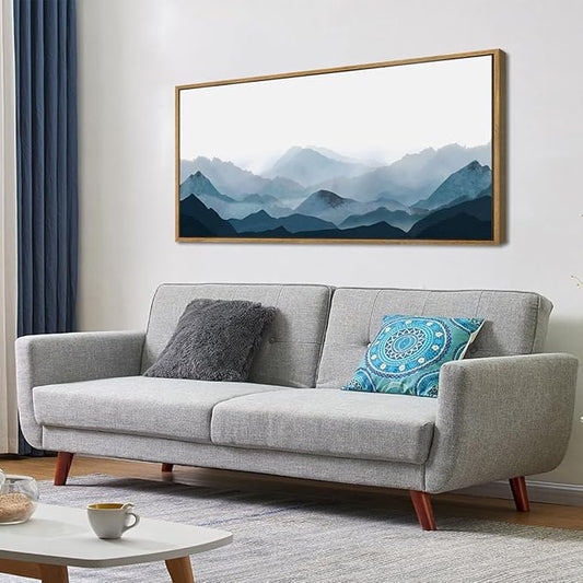Blue Framed Mountain Landscape Wall Art Fog Mountain Painting Wall Decor for Bedroom Living Room Office Decor 20x40 Inch