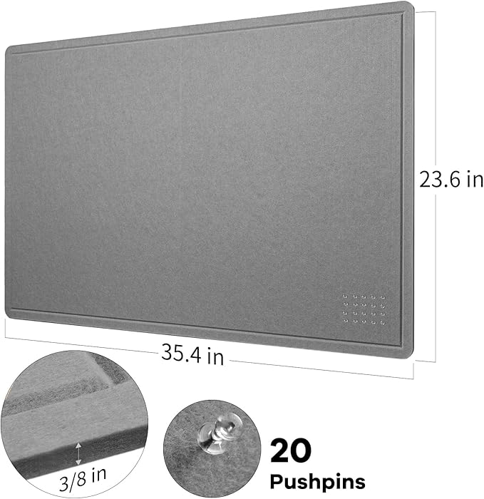 Bulletin Board, 36 x 24 inches Felt Board - Decorative Pin Board, Cork Board Alternative for Wall, 3' x 2' Foldable Self-Adhesive Vision Board Prayer Board with 20 Pushpins - Gray