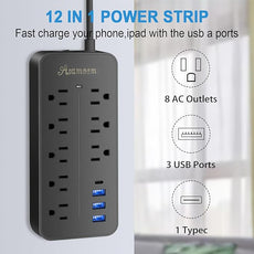 25FT Flat Plug Surge Protector - 8 Outlet & 3 USB Port (A & C) Power Strip Extension Cord, Wall Mountable Desk Power Strip for Home Office - Black - ETL Listed