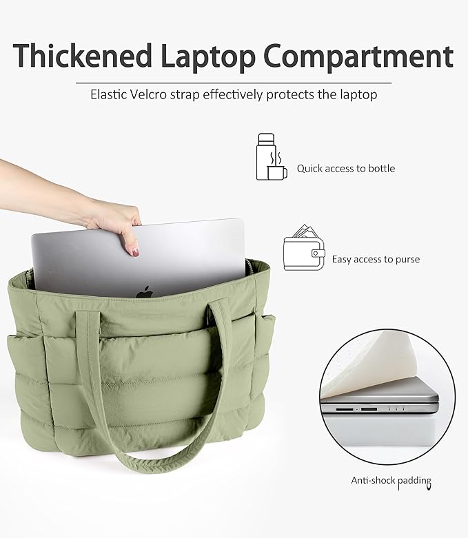Puffer Tote Bag for Women, Cute Quilted Carryall with Zippered Compartments Shoulder Bag Handbag for Work, Travel, Gym