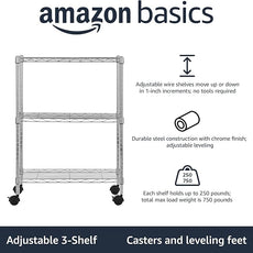 Amazon Basics 3-Shelf Adjustable, Heavy Duty Storage Shelving Unit on 2'' PP Plastic Wheel Casters, Metal Organizer Wire Rack, 23.2