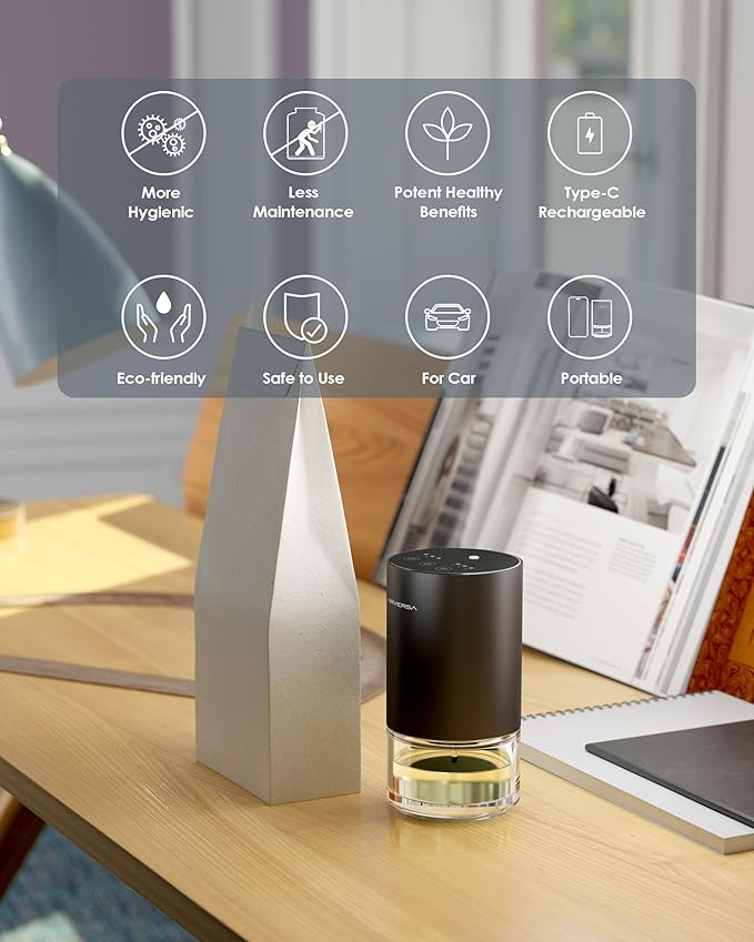 Airversa Essential Oil Diffuser Waterless Aromatherapy Diffusers for Home Large Room, Bedroom, Car, Office, Desk, Battery Operated, Small Diffuser for Pure Scent, 100mL Capacity, AN9 Black Starter Kit
