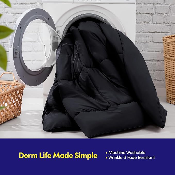 Dorm Room Essentials College Bedding Comforter Set 5 Piece Twin Size Bed in a Bag for College Students Boys and Girls, Twin, Black