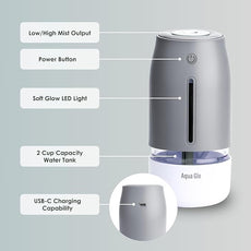 Aqua Glo Personal, Portable Humidifiers for Bedroom – Ultrasonic Cool Mist Humidifier with Built In Rechargeable Battery. Air Humidifier for Baby, Plants, Home, Office, Travel. Gray