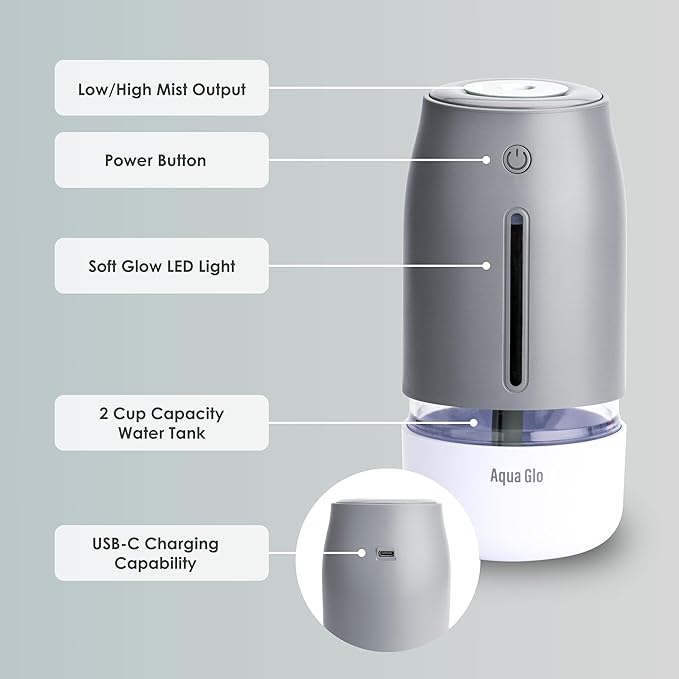 Aqua Glo Personal, Portable Humidifiers for Bedroom – Ultrasonic Cool Mist Humidifier with Built In Rechargeable Battery. Air Humidifier for Baby, Plants, Home, Office, Travel. Gray