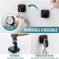 TAILI Thickened 304 Stainless Steel Bathroom Suction Hook for Towel, Loofah, Bathrobe, Patented Strong Suction Cup Holder, Damage-Free Hanging Glass Shower Wall Hook, Hold Up to 11 Lbs, 2 Pack, Black
