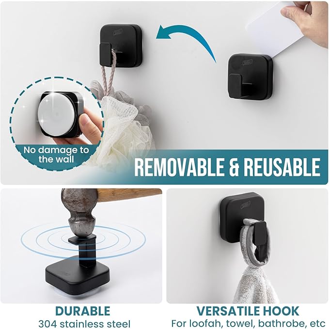 TAILI Thickened 304 Stainless Steel Bathroom Suction Hook for Towel, Loofah, Bathrobe, Patented Strong Suction Cup Holder, Damage-Free Hanging Glass Shower Wall Hook, Hold Up to 11 Lbs, 2 Pack, Black