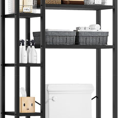 IRONCK Over The Toilet Storage with 8-Titer Shelf, Mass-Storage Side Storage Open Rack, Freestanding Bathroom Organizer Space Saver, for Bathroom, Restroom, Laundry, Black