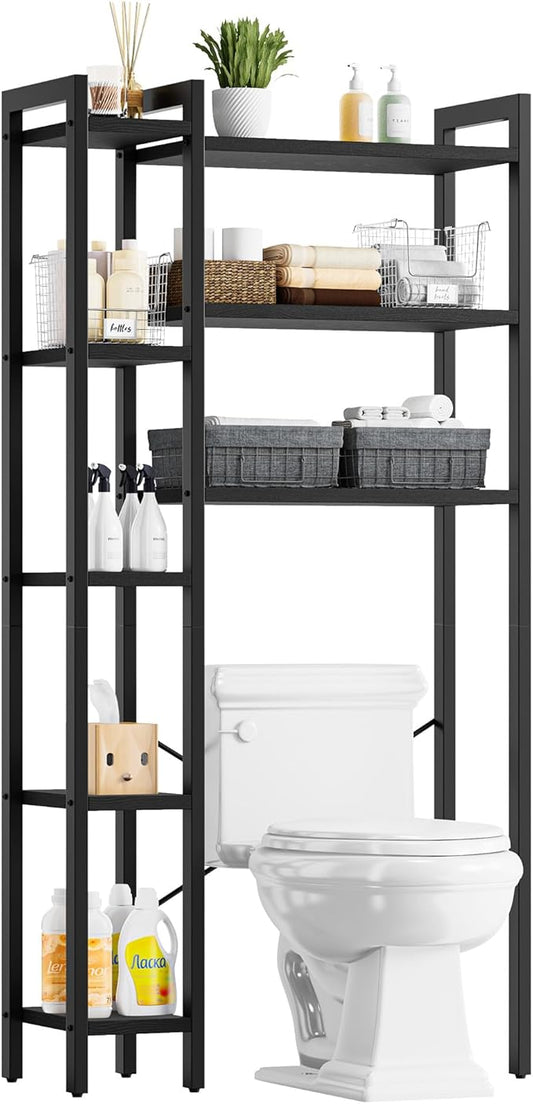 IRONCK Over The Toilet Storage with 8-Titer Shelf, Mass-Storage Side Storage Open Rack, Freestanding Bathroom Organizer Space Saver, for Bathroom, Restroom, Laundry, Black