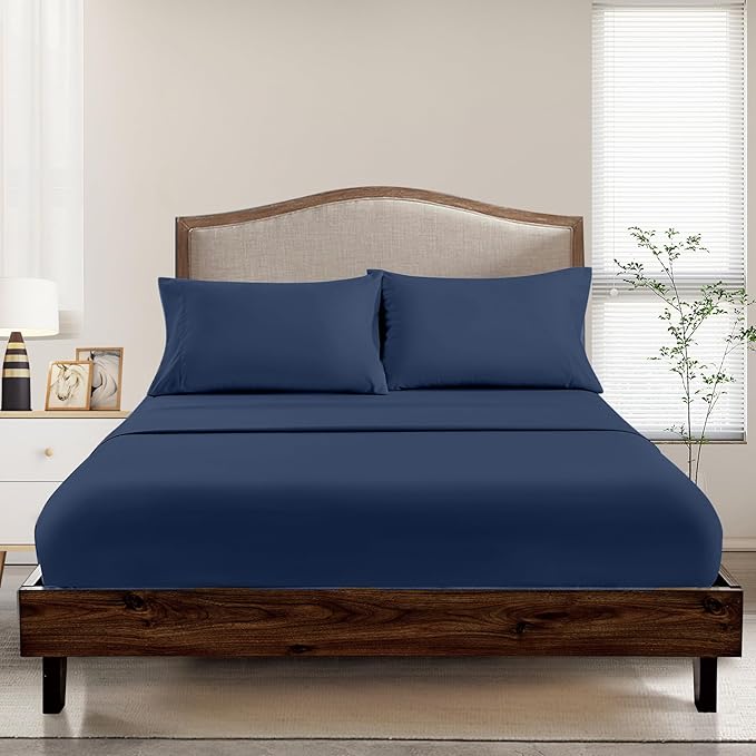 FreshCulture King Fitted Sheet Only - Hotel Quality Fitted Sheet King Size - Ultra Soft & Breathable - Brushed Microfiber - Deep Pocket - Cooling Fitted Sheets for King Size Bed (Navy Blue)