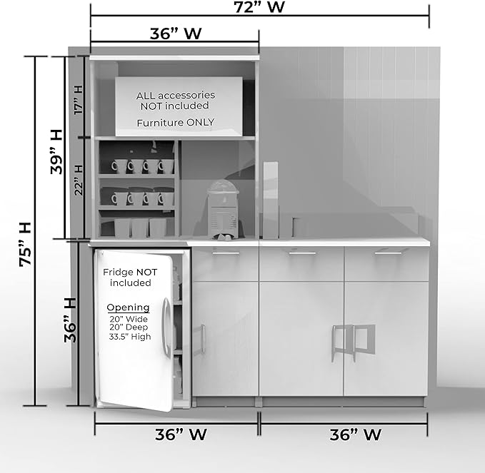 BREAKtime Commercial Grade Coffee Kitchen Break Room Furniture, Each Modular Cabinet is Assembled, Model 2130 3 Piece Color Espresso fits 72 inch Wall Space