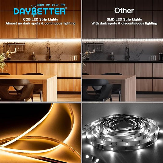 DAYBETTER COB LED Strip Lights, Tunable White(2700K-6500K) COB LED Lights with 6080 LEDs, 24V Adapter, RF Remote, Dimmable High Density Uniform LED Strip for Bedroom, Kitchen, Cabinet, CRI90+, 32.8ft