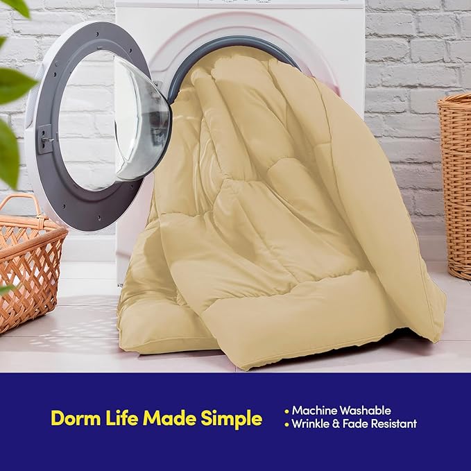 Dorm Room Essentials College Bedding Comforter Set 5 Piece Twin Size Bed in a Bag for College Students Boys and Girls, Twin, Camel