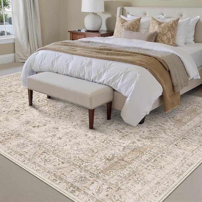 10x14 Beige Area Rug Vintage Living Room Bedroom Washable Carpet Non-Slip Soft Low Pile Distressed Indoor Large Throw Rug for Dining Room Office