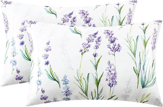 EXQ Home Satin Pillowcase for Hair and Skin - Lavender Printed Silk Pillowcase 2 Pack 20x26 inches - Standard Size Satin Pillow Cases Set of 2 with Envelope Closure