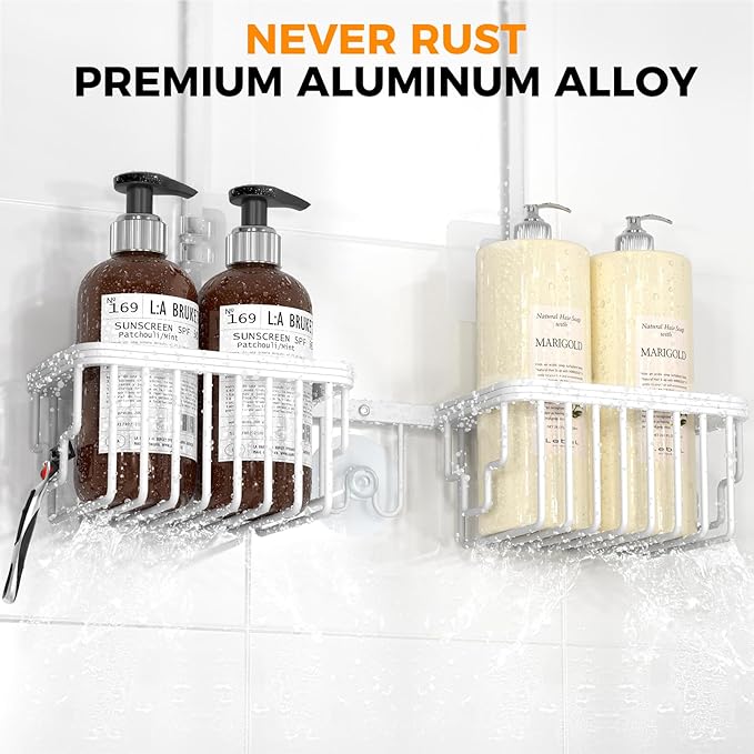 REINHARDT Aluminum Shower Caddy Hanging Adjustable Shower Caddy, Rustproof Hanging Shower Organizer with Hooks Soap Holders, Over Shower Head Caddy for Handheld Showerhead, White