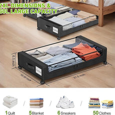 Beborxue Under Bed Storage with Wheels, 4-Pack UnderBed Storage Containers with Clear Lids, XXL 60L Under the Bed Storage Organizer Bins, Rolling Under Bed Metal Drawer for Clothes,Shoes,Toys (Black)