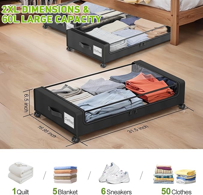 Beborxue Under Bed Storage with Wheels, 4-Pack UnderBed Storage Containers with Clear Lids, XXL 60L Under the Bed Storage Organizer Bins, Rolling Under Bed Metal Drawer for Clothes,Shoes,Toys (Black)