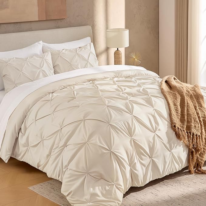 Andency Beige Oversized King Comforter Set (120x98Inch), 3 Pieces Lightweight Pinch Pleat Cal King Bedding Comforters & Sets, Oversized Pintuck Soft Fluffy Down Alternative Bed Set for All Season