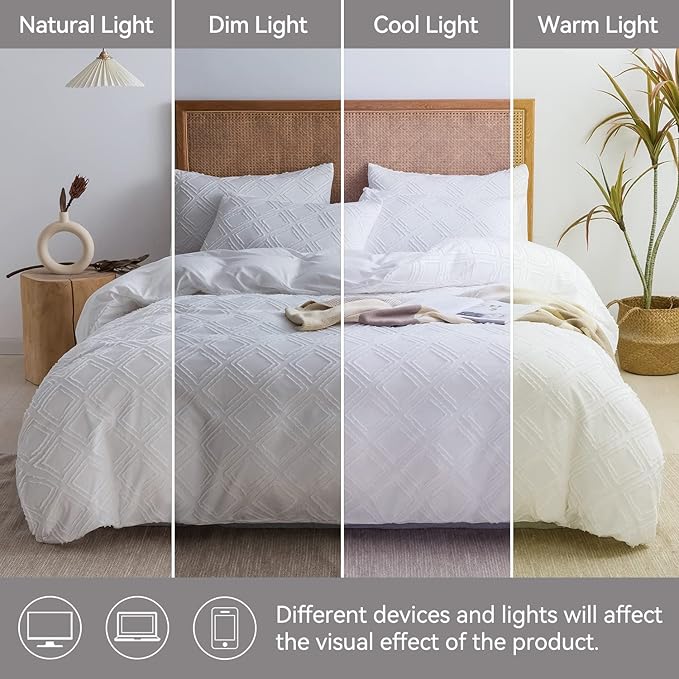 JELLYMONI Duvet Cover Queen Size Bright White - 3PCS Boho Duvet Cover Set Plaid Polyester Tufted Bohemian Jacquard Knit Textured Comforter Cover 90×90in Rhombic Geometric Pattern Zipper Corner Tie