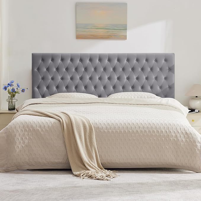 Kingfun Upholstered Queen Headboard Only, Premium Velvet Button Tufted Headboards, Adjustable Solid Wood Head Board, Padded Headboard with Solid Wood Legs in Bedroom (Gray)