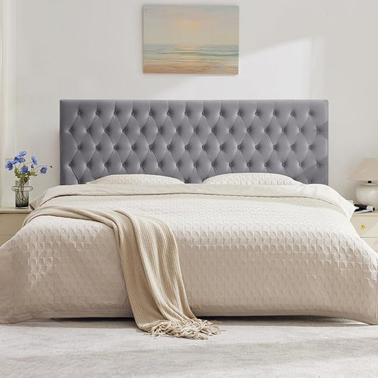 Kingfun Upholstered Queen Headboard Only, Premium Velvet Button Tufted Headboards, Adjustable Solid Wood Head Board, Padded Headboard with Solid Wood Legs in Bedroom (Gray)