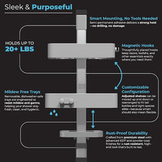 Rust Resistant Hygienic Shower Caddy – Hanging Bathroom Organizer with Adjustable Shelves, Easy Clean Trays & Magnetic Hooks for DIY Remodels & Shower Niches - Black