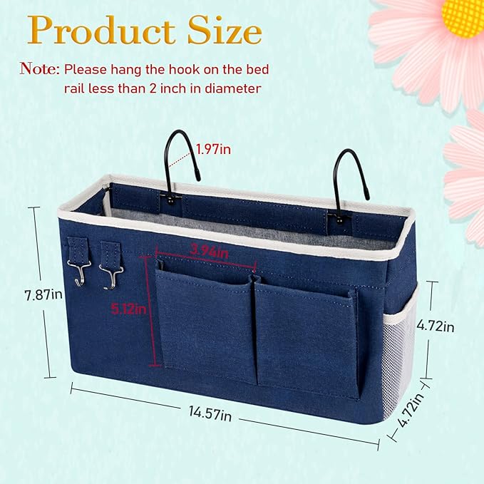 Bedside Storage Caddy/Bedside Hanging Storage Bag for Headboards Bunk Beds Dorm Rooms Book Phone Magazine Holder (Navy Blue)