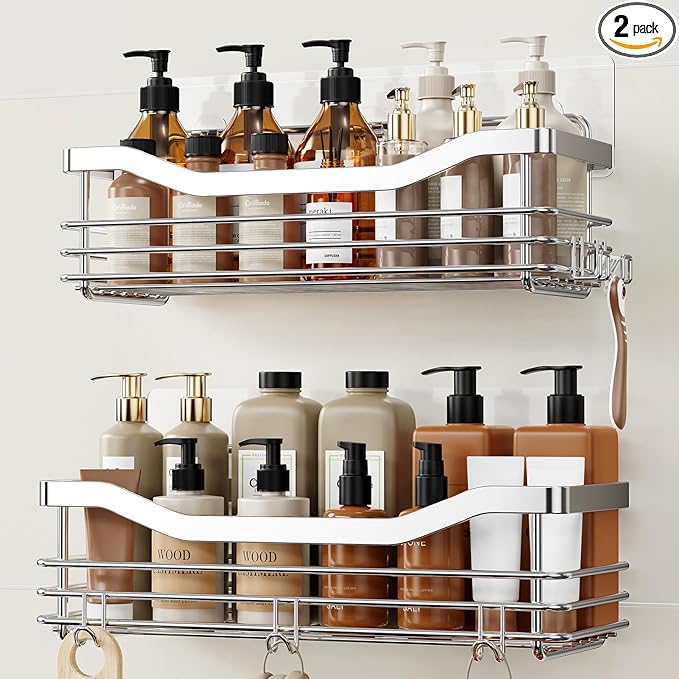 Orimade Shower Caddy Basket Shelf with 5 Hooks Adhesive Organizer Storage Rack Rustproof Wall Mounted Stainless Steel No Drilling for Bathroom, Toilet, Kitchen - 2 Pack