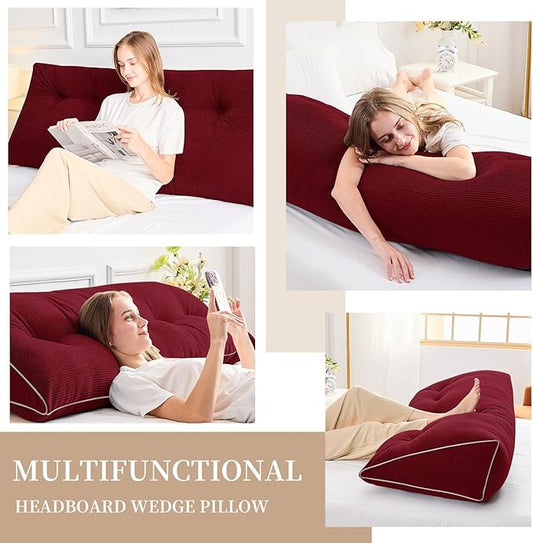 Sasttie Headboard Pillow Twin/Twin XL, Wedge Pillow Headboard for Dorm, Triangular Daybed Backrest Cushion for Sitting or Reading in Bed, with Removable Washable Cover, Wine