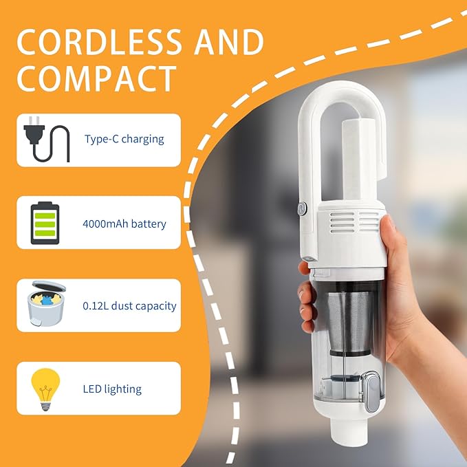 Cordless Rechargeable Vacuum Cleaner Stick Small Light Weight Hand Portable Compact Hepa Filter High Power Mini for College Dorm Room Small Office Home RV Carpet Pet Hair Car