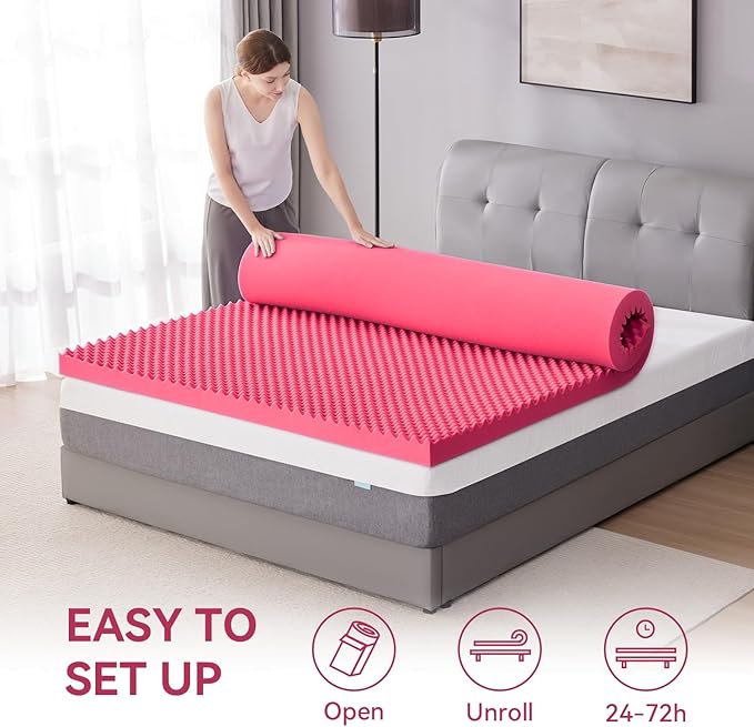 SINWEEK 3 Inch Egg Crate Memory Foam Mattress Topper King Size, Soft Mattress Pad for Back Pain Relief, Bed Topper, CertiPUR-US Certified, Pink