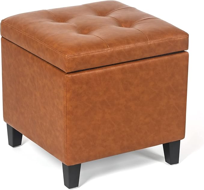 Leather Storage Ottoman with Hinged Lid, Square Foot Rest Stool Tufted Cube Footstool, Cognac Brown